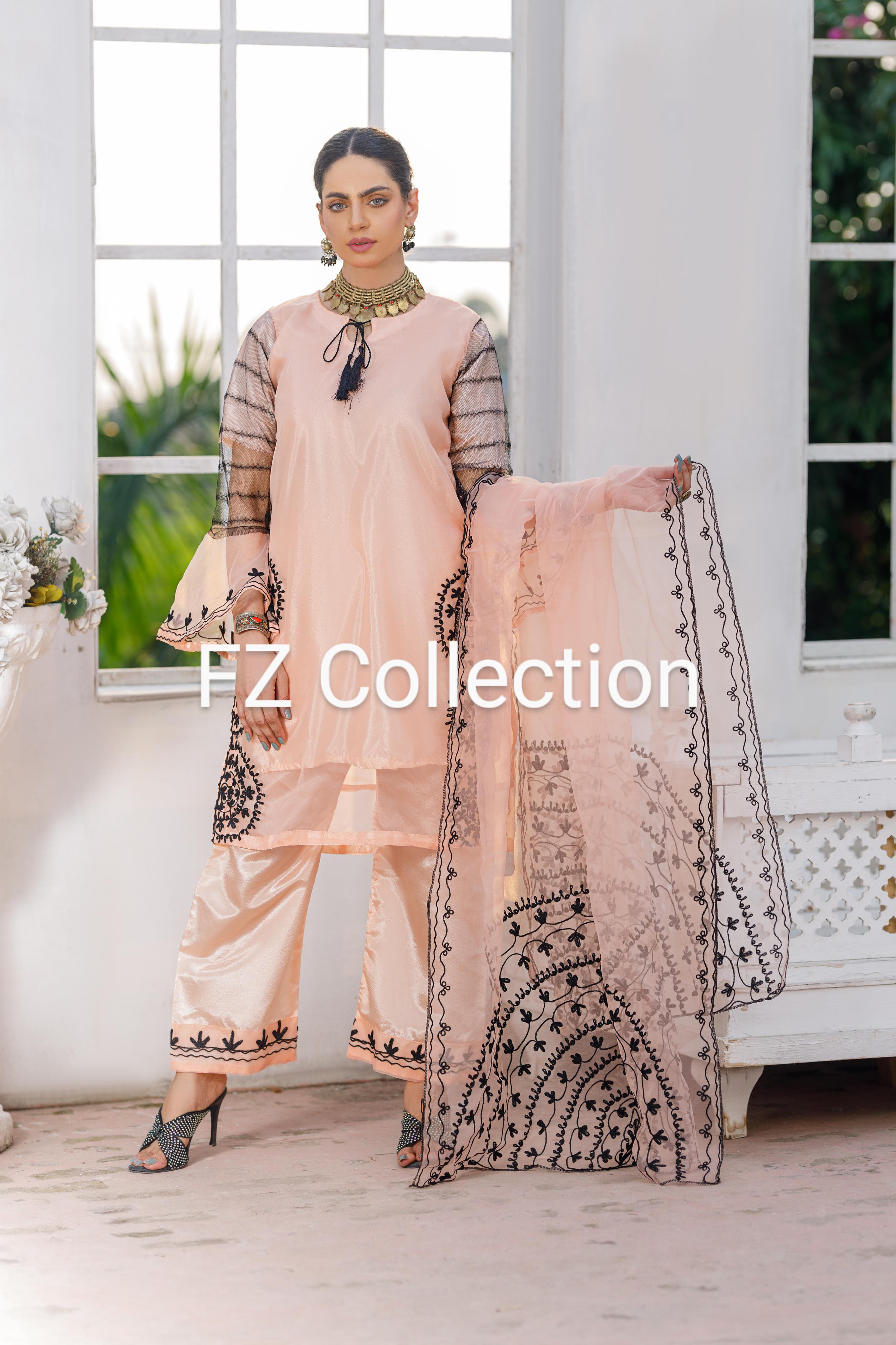 ,Organza Peach 3pc Embroidery FZ Collection