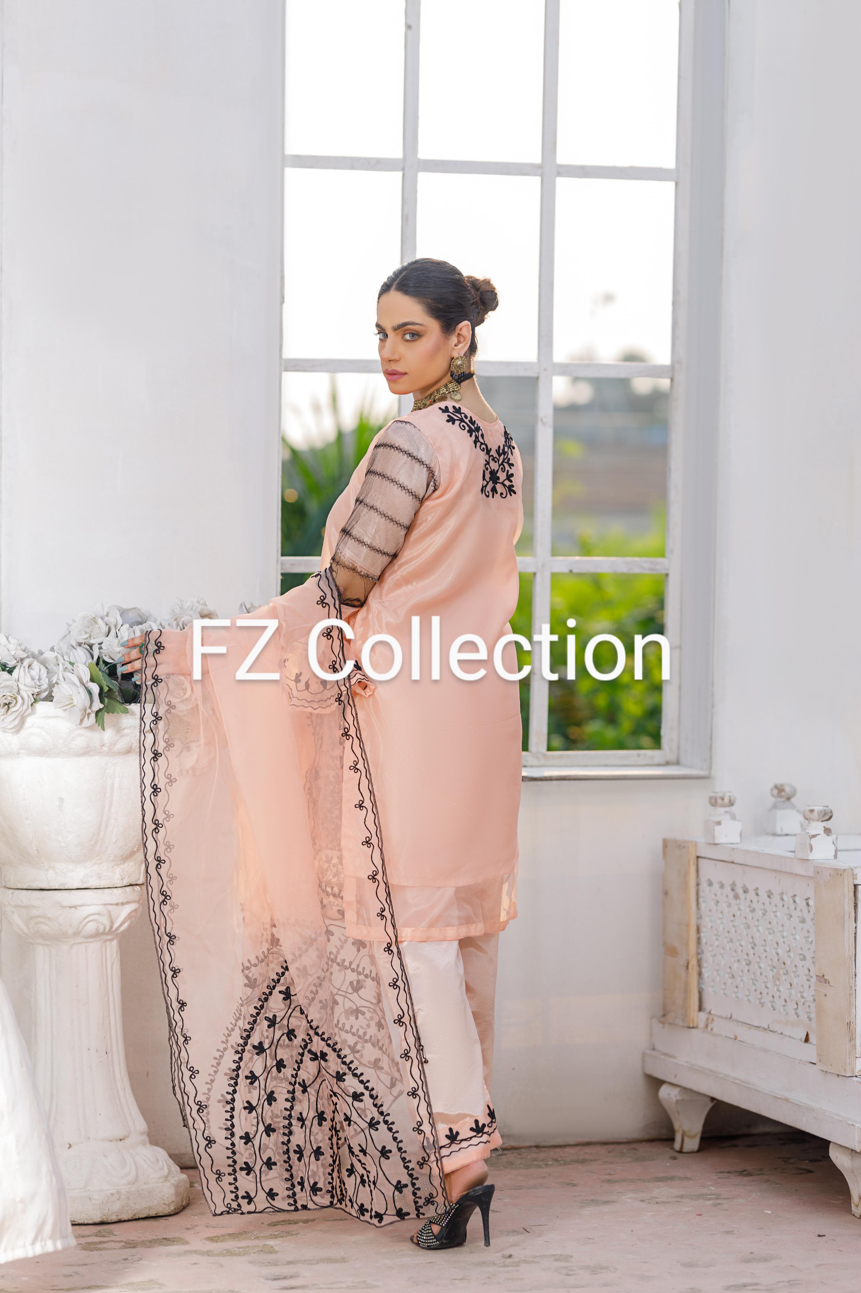 ,Organza Peach 3pc Embroidery FZ Collection