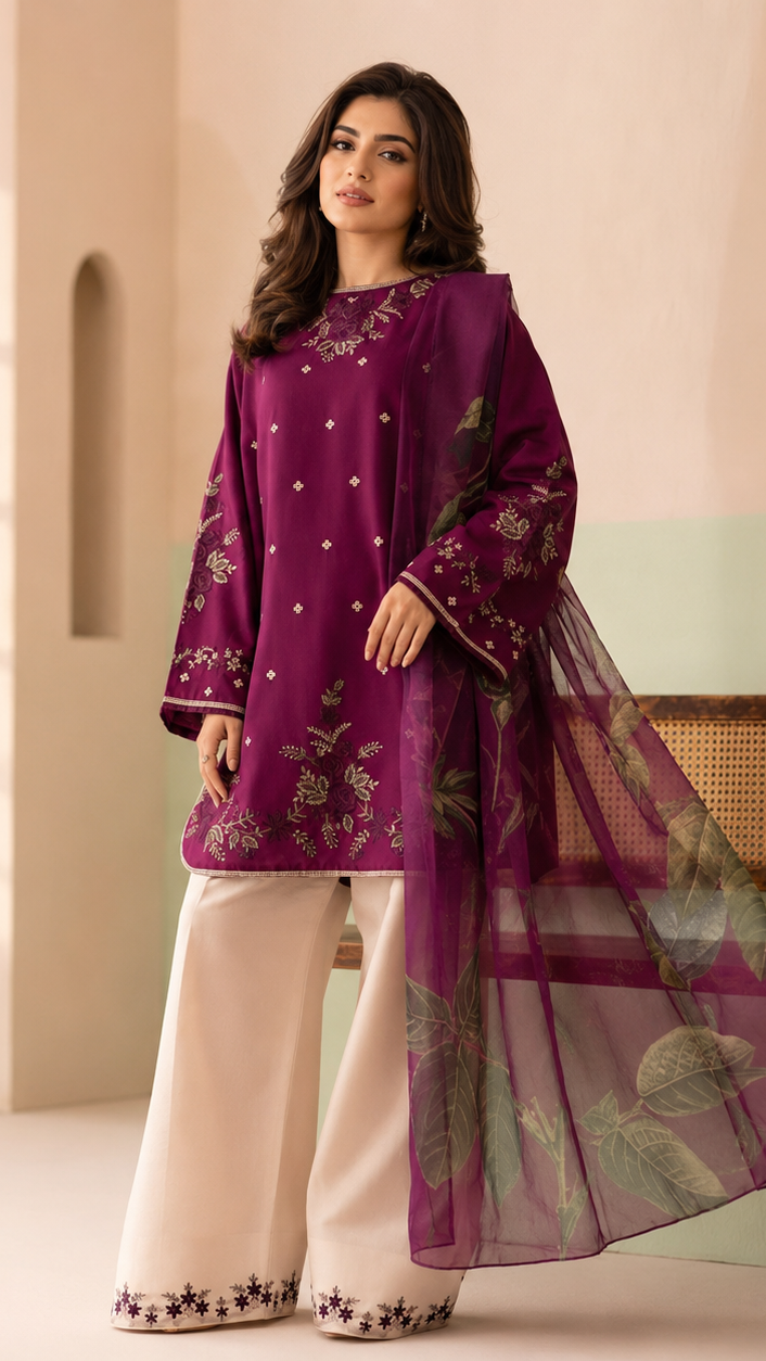 Kainat 3pc Embroidered Dress(Farshi Shalwar)